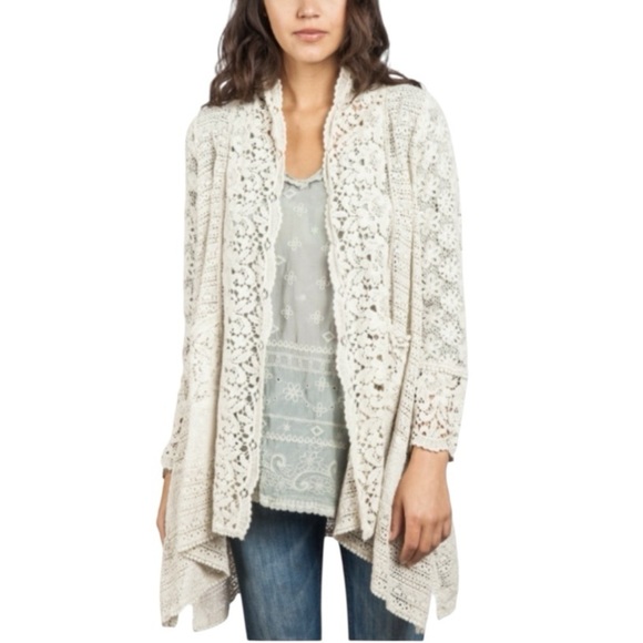 Johnny Was Flower Crochet Cardigan XS Ivory Lace Boho Open Front Draped Fall